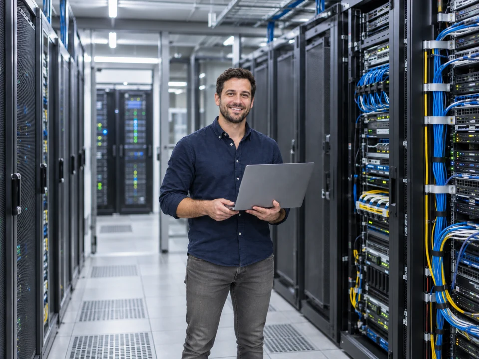 Smiling IT professional holding a laptop in a server room